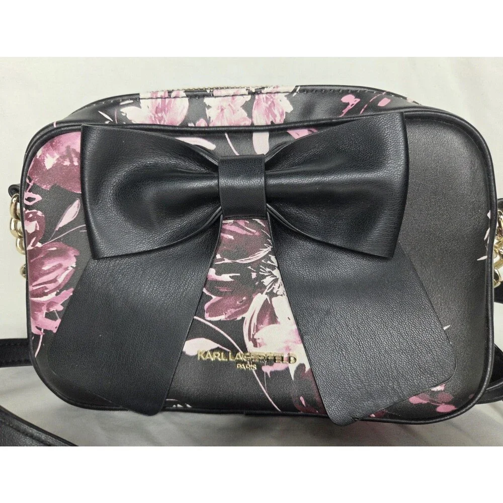 KARL LAGERFELD Black Floral Berry Bow Accent Crossbody Shoulder Bag Purse